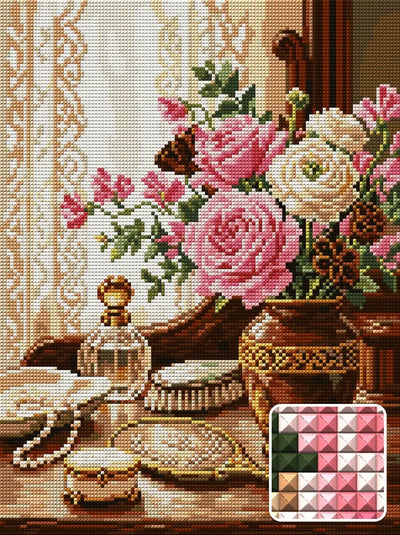 Vintage Vanity Floral Still Life, 30x40 cm diamond painting – finished design preview with a close-up of square drills