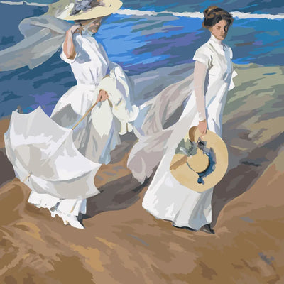 Paint by numbers of Sorolla's painting with two women in white dresses walking on a windy beach.
