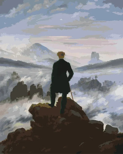 Paint by numbers of Friedrich's painting showing a man standing on a rocky summit above a sea of fog.
