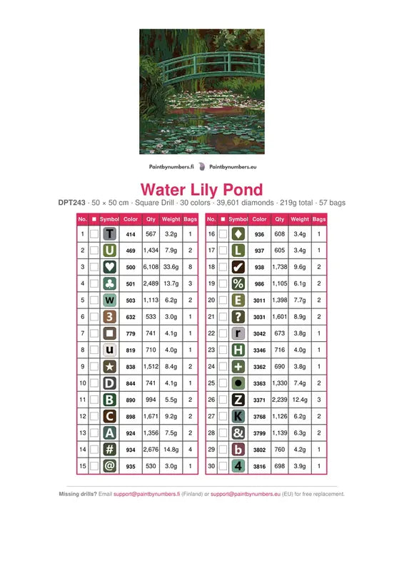 DMC color chart for Water Lily Pond diamond painting - 30 colors