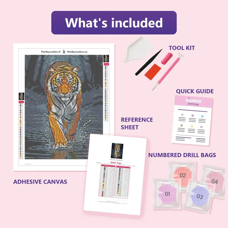 Water Tiger 30x40cm diamond painting kit contents: adhesive canvas, color chart, tools and diamond bags