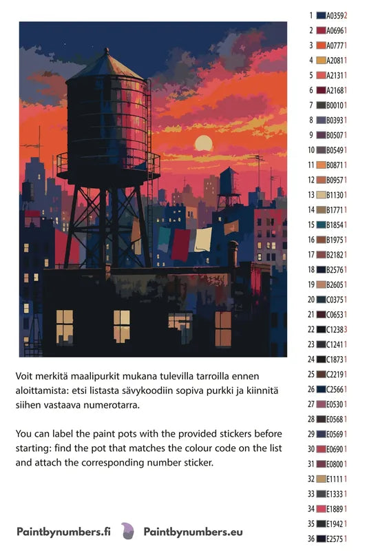 Paint color chart and instructions - Water Tower at Sunset 40x50cm