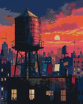 Thumbnail for Water tower on city rooftop at sunset paint by numbers.