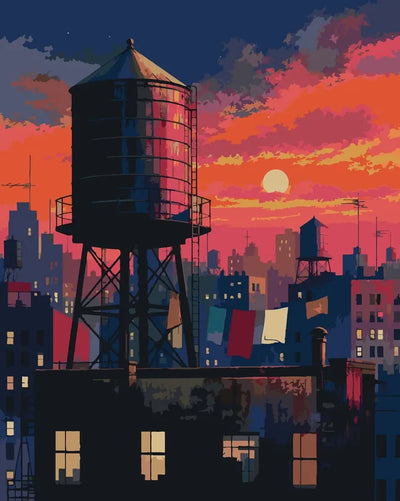 Water tower on city rooftop at sunset paint by numbers.