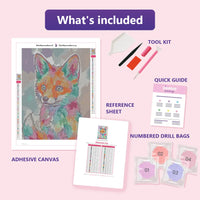 Thumbnail for Watercolor Fox 30x40cm diamond painting kit contents: adhesive canvas, color chart, tools and diamond bags