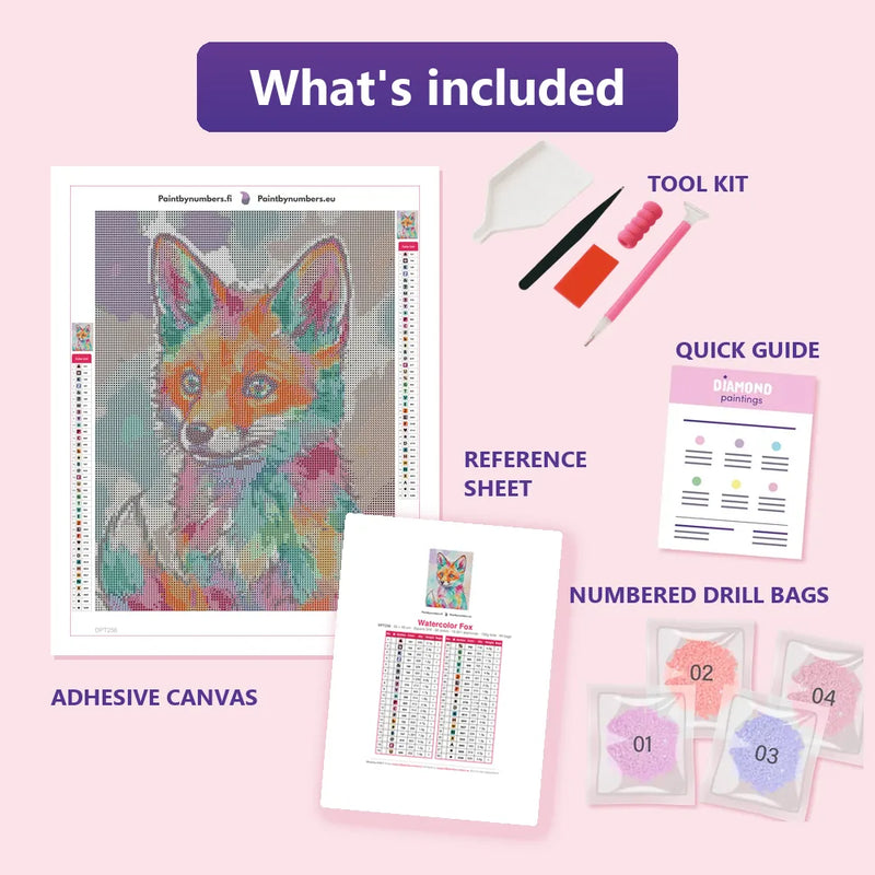 Watercolor Fox 30x40cm diamond painting kit contents: adhesive canvas, color chart, tools and diamond bags