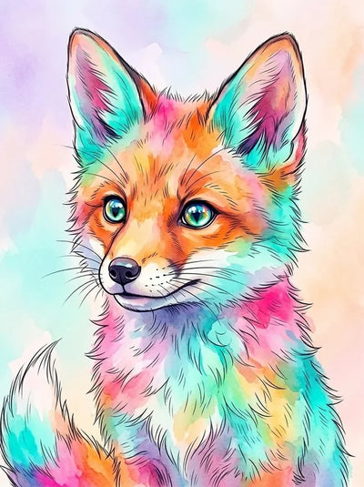 Diamond painting of an artistic, colorful fox portrait on a pastel background.