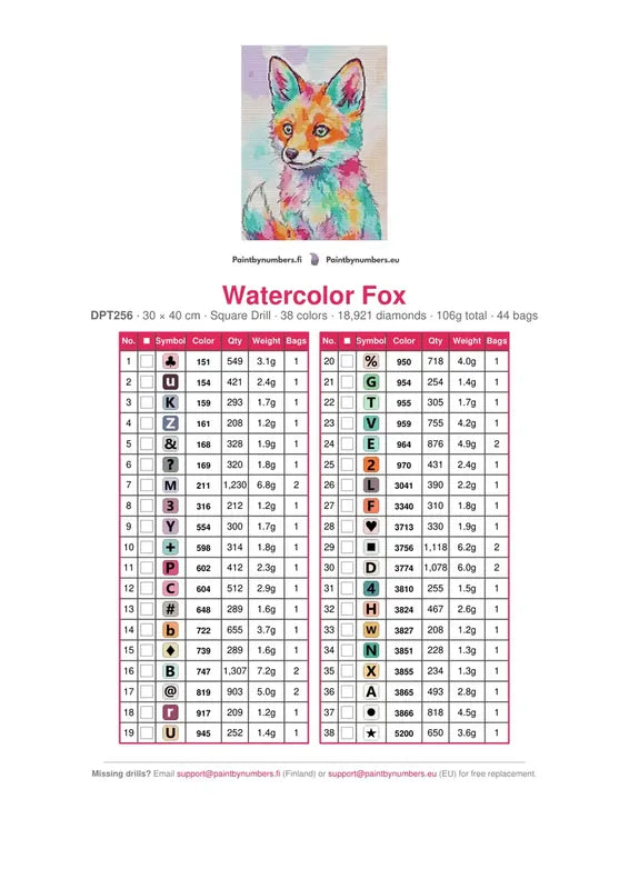 Watercolor Fox diamond painting color chart – 38 DMC colors
