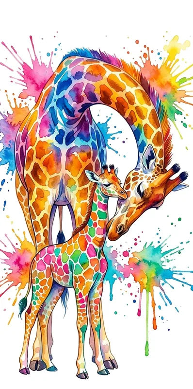 Diamond painting of a colorful mother giraffe and calf in rainbow shades.