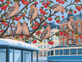 Thumbnail for Paint by numbers of a flock of waxwings in a red-fruited tree beside a snowy Gothenburg tram stop.