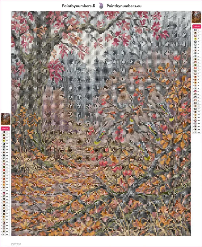 Diamond painting adhesive canvas preview - Waxwings in Autumn Forest