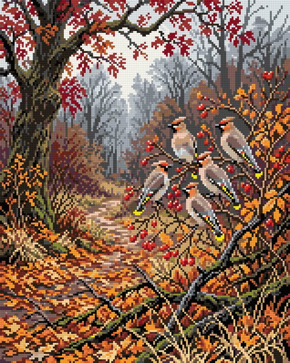 Waxwings in Autumn Forest, 40x50 cm diamond painting – finished design preview