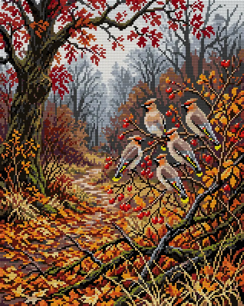 Waxwings in Autumn Forest, 40x50 cm diamond painting – full design preview without the close-up inset
