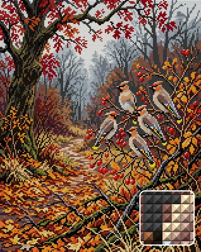 Waxwings in Autumn Forest, 40x50 cm diamond painting – finished design preview with a close-up of square drills