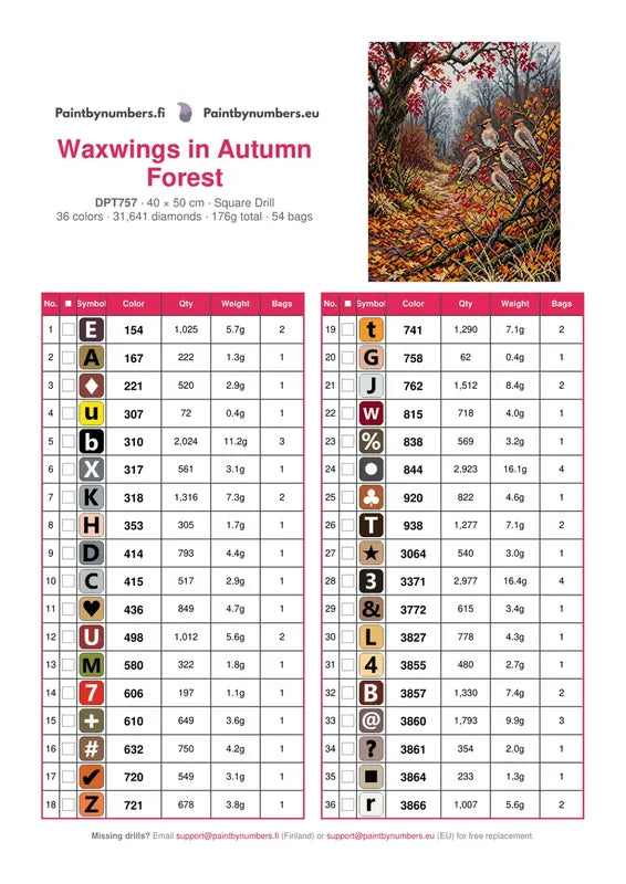 DMC color chart for Waxwings in Autumn Forest diamond painting - 36 colors
