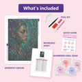 Thumbnail for What is included in the Weeping Woman diamond painting kit - adhesive canvas, reference sheet, tools and numbered drill bags