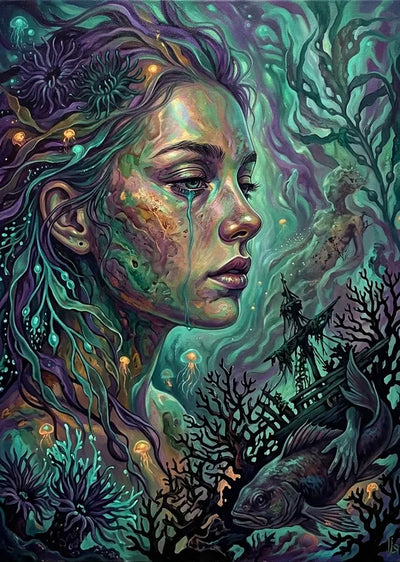 Diamond Painting of a mystical underwater woman, corals, jellyfish, and a sunken ship.