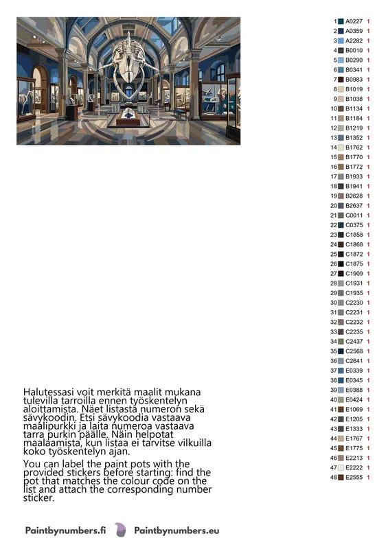 Paint color chart and instructions - Whale Skeleton in Museum 70x40cm