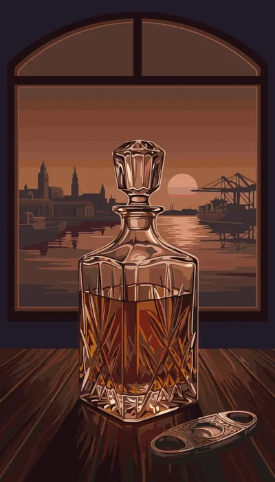Whiskey decanter on table and sunset through window paint by numbers.