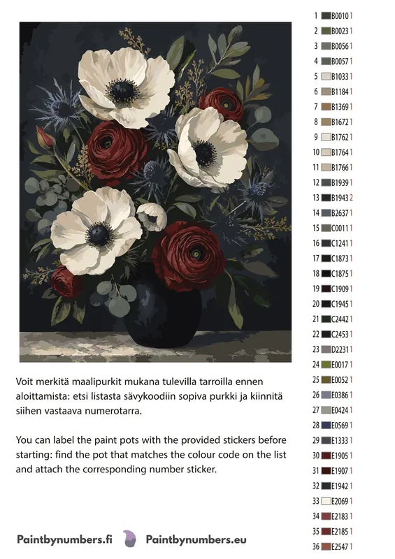 Paint color chart and instructions - White Anemones and Red Roses 40x50cm