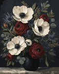 Thumbnail for White anemones and red roses paint by numbers in a black vase.
