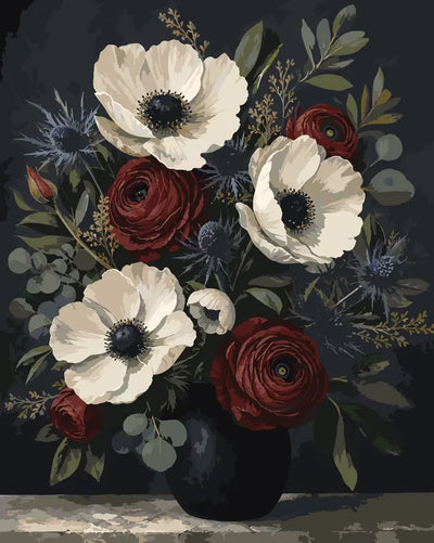 White anemones and red roses paint by numbers in a black vase.