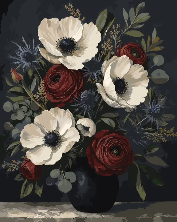 White anemones and red roses paint by numbers in a black vase.