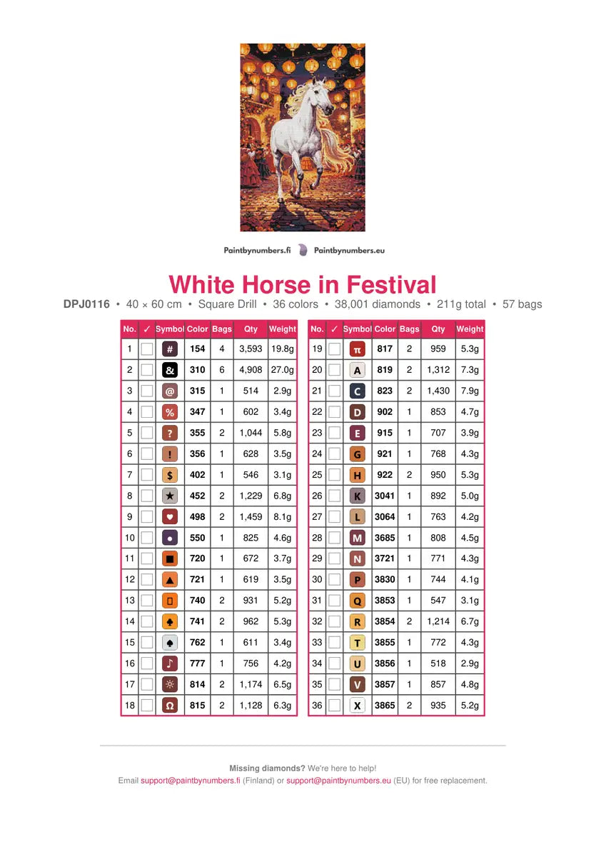 White Horse in Festival diamond painting color chart – 36 DMC colors