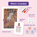 Thumbnail for White Horse in Festival 40x60cm diamond painting kit contents: adhesive canvas, color chart, tools and diamond bags