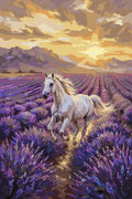 Thumbnail for White horse in lavender field paint by numbers. Sunset and mountains in the background.
