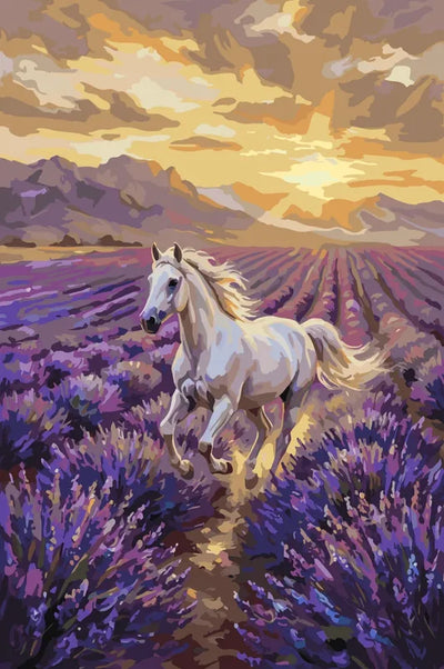 White horse in lavender field paint by numbers. Sunset and mountains in the background.
