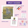 Thumbnail for White Horse in Meadow 40x50cm diamond painting kit contents: adhesive canvas, color chart, tools and diamond bags