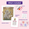 Thumbnail for White Kitten and Butterfly 30x40cm diamond painting kit contents: adhesive canvas, color chart, tools and diamond bags