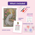 Thumbnail for White Peacock Frame 40x60cm diamond painting kit contents: adhesive canvas, color chart, tools and diamond bags