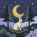 Thumbnail for White rabbit, crescent moon, stars and pine trees paint by numbers kit.