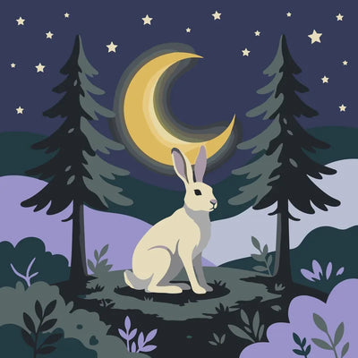 White rabbit, crescent moon, stars and pine trees paint by numbers kit.