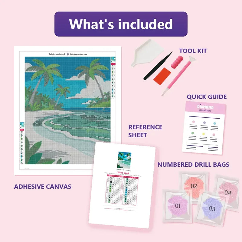 White Sand 40x50cm diamond painting kit contents: adhesive canvas, color chart, tools and diamond bags