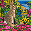 Thumbnail for Paint by numbers of a wild rabbit by its burrow among yellow, blue and pink flowers above the sea.