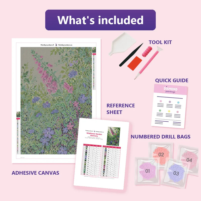 What is included in the Wildflower Garden Harmony diamond painting kit - adhesive canvas, reference sheet, tools and numbered drill bags