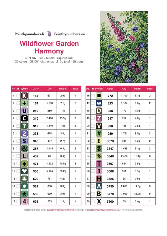 DMC color chart for Wildflower Garden Harmony diamond painting - 30 colors