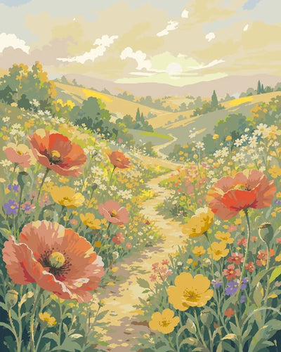 Wildflower meadow path Paint By Numbers, orange and yellow flowers
