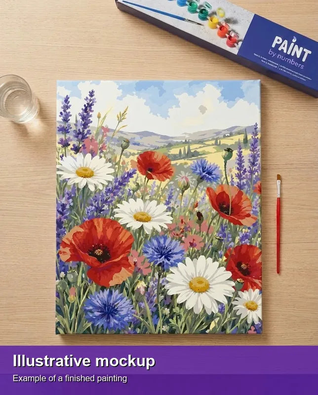 Finished paint by numbers mockup - Wildflowers and Hills Landscape 40x50cm