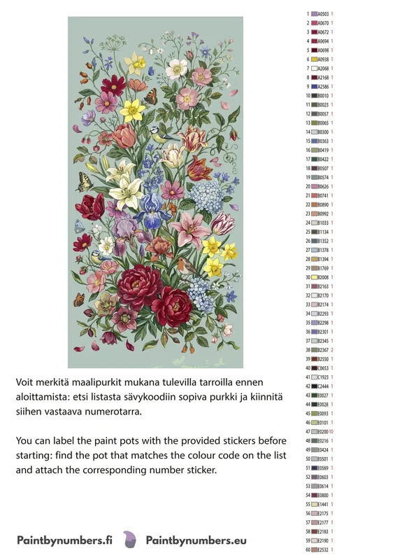 Paint color chart and instructions - Wildflowers Birds and Butterflies 40x80cm