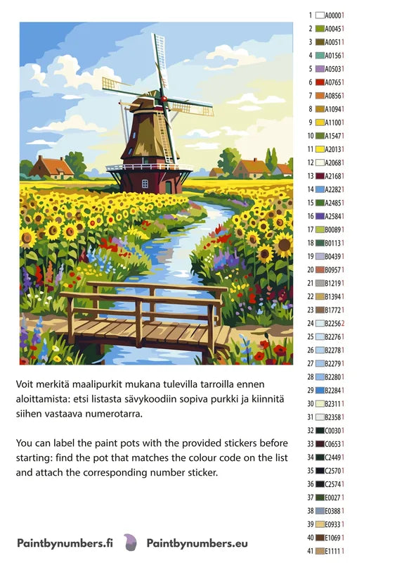 Paint color chart and instructions - Windmill and Sunflower Field 40x50cm