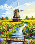 Thumbnail for Windmill in sunflower field paint by numbers. Wooden bridge, bright sky.