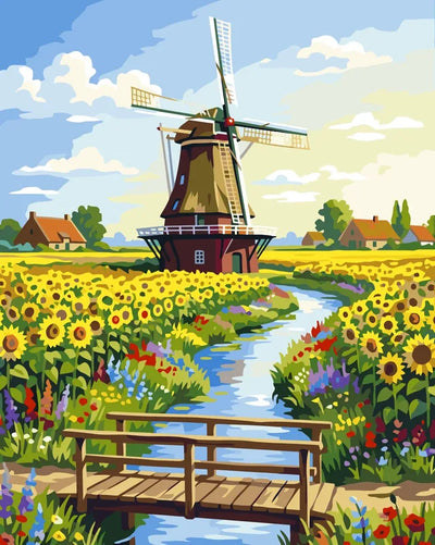 Windmill in sunflower field paint by numbers. Wooden bridge, bright sky.