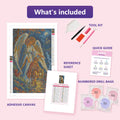 Thumbnail for What is included in the Wings over the Lantern Path diamond painting kit - adhesive canvas, reference sheet, tools and numbered drill bags