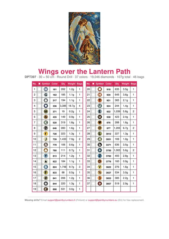 DMC color chart for Wings over the Lantern Path diamond painting - 37 colors