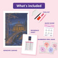 Thumbnail for What is included in the Winter Gazebo diamond painting kit - adhesive canvas, reference sheet, tools and numbered drill bags