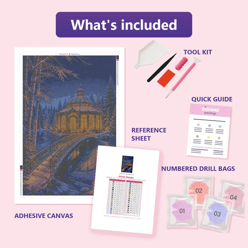 What is included in the Winter Gazebo diamond painting kit - adhesive canvas, reference sheet, tools and numbered drill bags